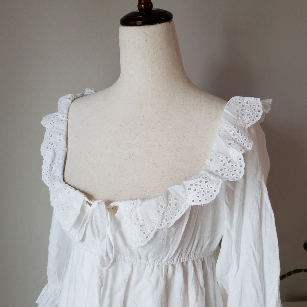 White Empire Waist Babydoll Dress with Eyelet Lace Ruffle Trims - Picture 6 of 12